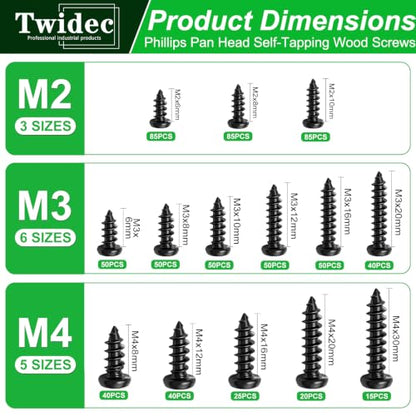 Twidec/685PCS Wood Screws Kit,M2 M3 M4 Black Phillips Pan Head Self-Tapping - size: 685PCS