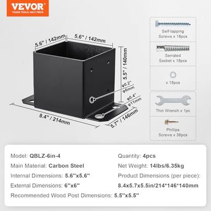 VEVOR 6x6 Post Base, 4 Pack, 5.6"×5.6" Inner Size, Heavy Duty Powder-Coated Matte Black Post Anchor Bracket for Wood Posts, Pavilion Deck Railing Support - size: 6x6 4pc