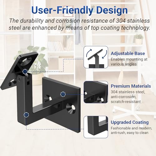 5 Pack 304 Stainless Steel Adjustable Swivel Handrail Bracket for Staircase , Square Stair Railing Bracket - color: Matte Black