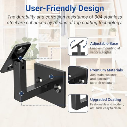 5 Pack 304 Stainless Steel Adjustable Swivel Handrail Bracket for Staircase , Square Stair Railing Bracket - color: Matte Black