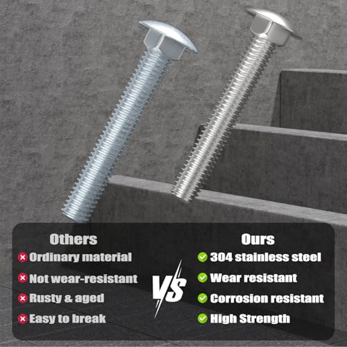 VGBUY 1/2-13 x 4 Carriage Bolts Screws 4 Sets, 304 Stainless Steel 18-8, Round Head Square Neck, Carriage Bolts and Nuts Kit, with Flat Washers - size: 1/2-13 x 4" (4 Sets)