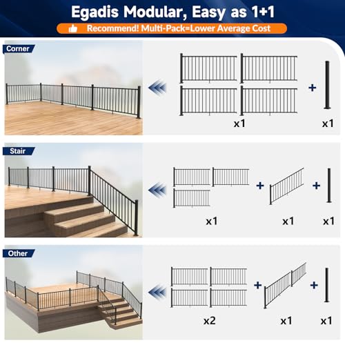 Egadis 4 Pack 42 in x 6 ft Modular Aluminum Porch and Deck Railing Kit - color: Level 6ft - 4Pack