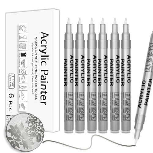 Silver Acrylic Paint Pens 6 Pcs Permanent Marker Pens Extra Fine - color: Silver