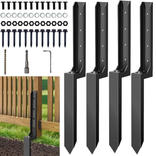 Fence Post Repair Kit, Anchor Ground Stakes for Repair Tilted, Broken Wood Fence Post with Install Accessoris (4 PCS) - color: Black