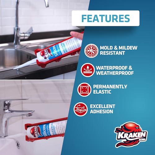 Kraken Bond RTV Silicone Sealant White (48 x 10.1 fl.oz.)%100 Waterproof Silicone Caulk Kitchen and Bathroom, All Purpose, Window Caulking Sealant Outdoor, RV, 48 Pack - size: 48 Pack