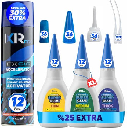 CA Glue with Activator 36x Thin Medium Thick Glue Kit 12x16.9oz Accelerator - size: 12 Pack