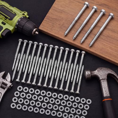 50 Pack 3/8''x6'' Lag Screw Kit with Washers, Hot Dipped Galvanized Hex Lag Bolts Heavy Duty Hex Head Wood Screws, Rust Resistant Exterior Fasteners for Wood Deck Fence - size: 3/8''x6''