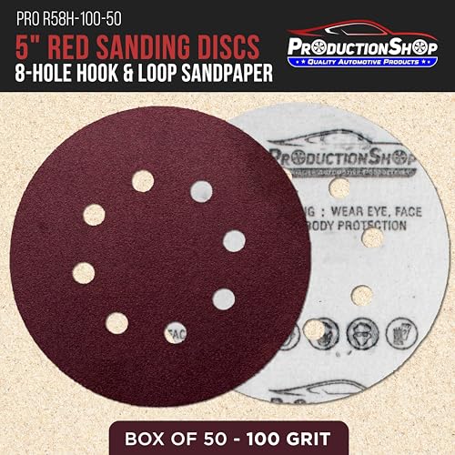ProductionShop Premium 5" Red 8-Hole Pattern 100 Grit Sanding Discs, Box of 50 - Dustless Hook & Loop Backing Sandpaper for Random Orbital Sanders, Medium-Cut Abrasive - Woodworking, Sand Auto Paint - style: 100 Grit