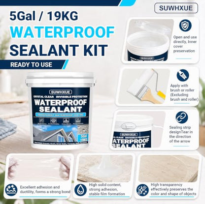 Clear Waterproof Sealant, SUWHXUE 5Gal/19KG Water-Based Transparent Waterproof Leak Repair Coating, Invisible Flexible Sealant for Concrete Walls Wood Metal Roof Water Sealer Indoor & Outdoor - size: 5 Gal