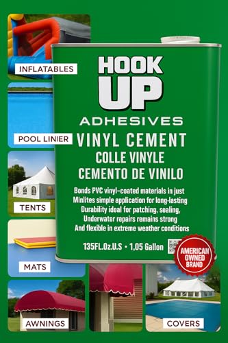 HOOK UP Vinyl Cement – Waterproof Pool Liner Repair Glue for Vinyl & PVC, Fast-Drying Flexible Contact Cement for Inflatables, Air Mattresses, Boats, Tarps, Hot Tubs & Pool Patch Repairs (1 Gallon) - size: 1 Gallon