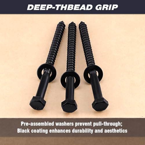 6-Sets 1/2 x 6 Hex Lag Screws and 1/2" ID Flat Washers, 304 Stainless Steel 18/8, Black Coated, Heavy Duty Wood Screws for Deck/Fence/Floor, by AOESIN - size: 1/2 x 6"
