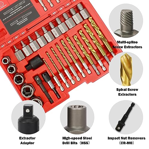 33Pcs Screw Bolt Extractor Set Hex Head Multi-Spline, Left Hand Drill Bit Set Easy Out Stripped Bolt Remover with Adapter, Bolt Extractor Kit for Removing Broken Rusted Nuts Screws Studs - size: 37Pcs