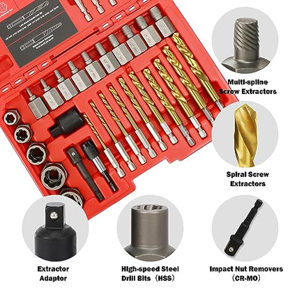 33Pcs Screw Bolt Extractor Set Hex Head Multi-Spline, Left Hand Drill Bit Set Easy Out Stripped Bolt Remover with Adapter, Bolt Extractor Kit for Removing Broken Rusted Nuts Screws Studs - size: 37Pcs