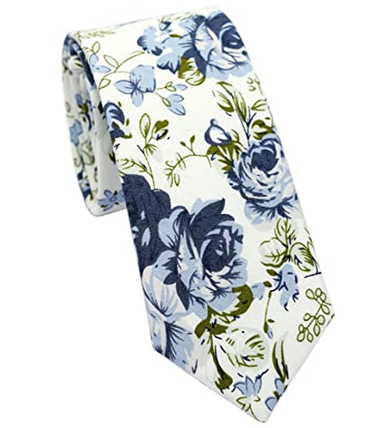 Cotton 2.5-Inch Skinny Floral Tie and Pocket Square Set for Men - color: Cyan