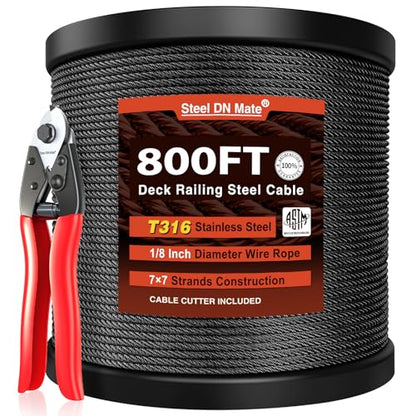 Black Stainless Steel Cable for Railing 800FT, 1/8" T316 Wire Rope BW22 - size: 800FT