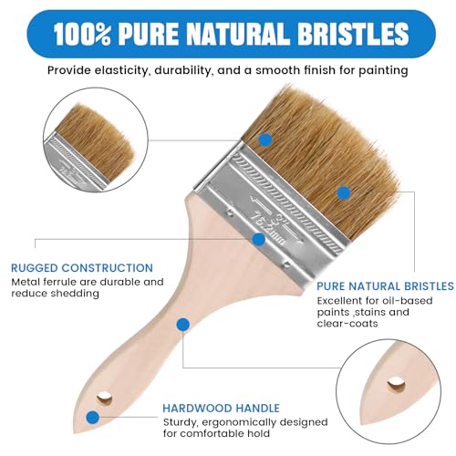 ETERNA 2Pack Household Chip Paint Brush 4inch Natural Bristles Wooden Handle Flat Brushes Set for Painting, Glue, Oil, Acrylic, Stain - color: 2 Pack- 4"