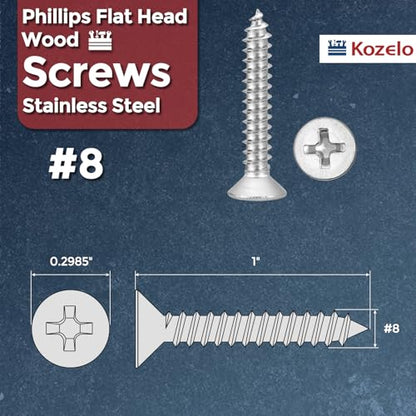 25pcs Phillips Flat Wood Screws #8x1 316 Stainless Steel Silver - size: #8x1"
