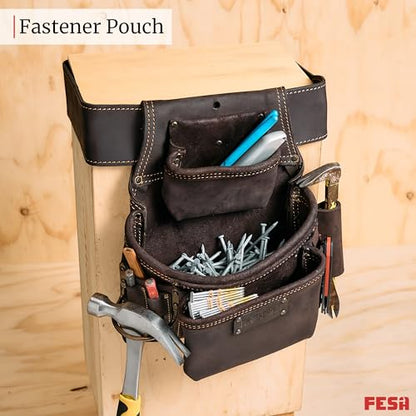 FESA 3 Inch Leather Tool Belt for Men with Hammer Holder Adjustable 34"-44" - color: Brown