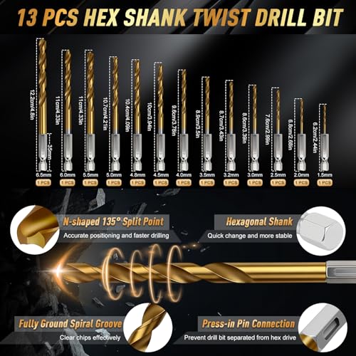 35 PCS Drill Bits Set, 3 Step Drill Bits, 13 Twist Drill Bits, 6 Taps(M3-M10) and 6 Screw Extractors, High Speed Steel Drill Bit Kit Titanium Coated Bits for Plastic Wood Metal, with Storage Bag