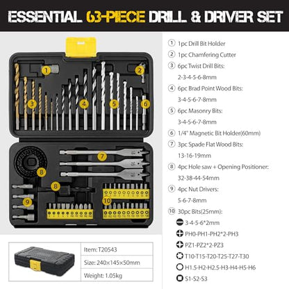 Hi-Spec Drill Bit Set: Multi Steel Drill Bits and Screw Nut Driver Bit Set - size: 63 Piece