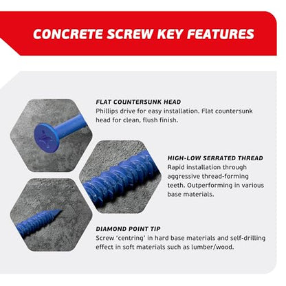 1/4 x 1-3/4" Countersunk Phillips Flat Head Blue Concrete Screw Anchors (100 pcs Screw Kit) with one Screwdriver and Drill Bit for Concrete, Masonry, Block, Brick and Wood Fastening - size: 1/4 x 1-3/4 in