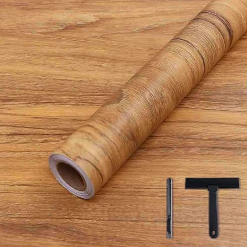 COSNIGHT Wood Grain Contact Paper with Tools, Peel and Stick Wallpaper - color: Medium brown, size: 15.7" x 393"