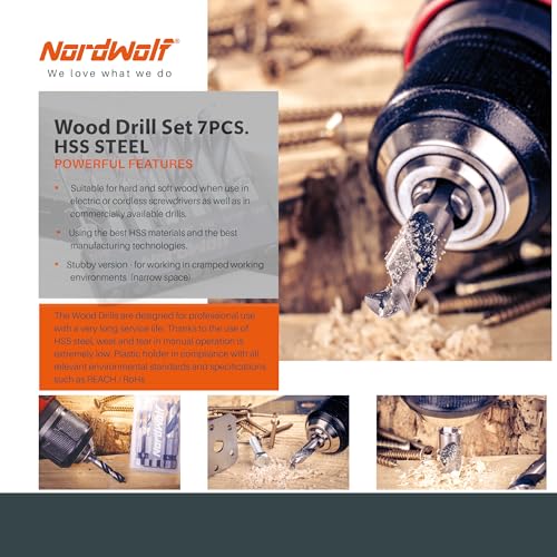 NordWolf 7-Piece HSS Brad Point Stubby Wood Drill Bit Set with 1/4" Hex Shank for Carpenter Woodworking, SAE Sizes 1/16"-3/32"-1/8"-3/16"-1/4"-5/16"-3/8" - size: 1/16" to 3/8" (7 Pcs)
