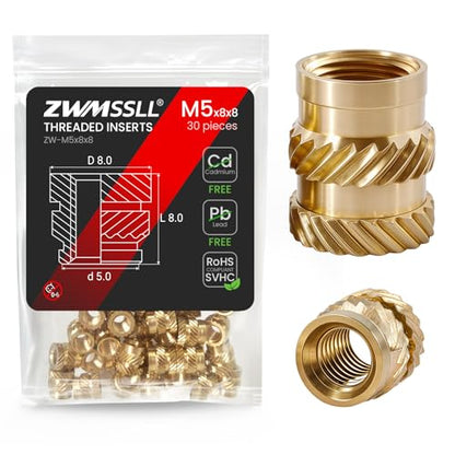 M5 Heat-Set Threaded Inserts, M5x8x8mm(30Pieces) Heat Set Insert for 3D Printing Components and Plastic Parts,Brass Metric Knurled Nuts - size: M5x8x8mm