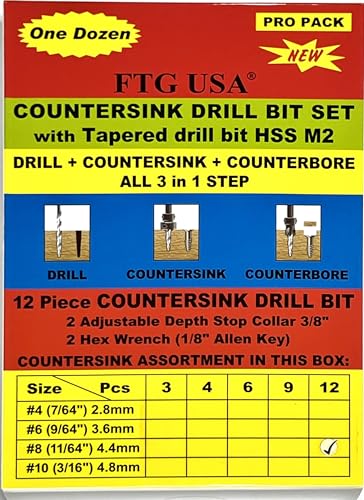 FTG USA 12 Pc #8 (11/64") Tapered Countersink Drill Bit Set with 2 Stops - size: #8, style: Same Sort 12 Pc