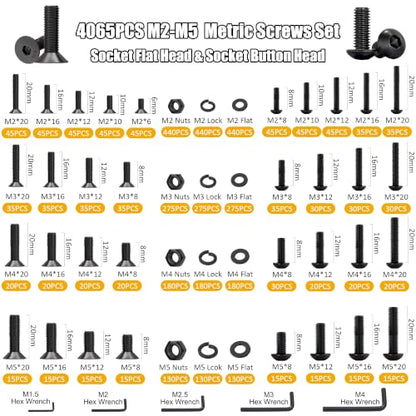 ZTF 4065pcs Metric Screw Assortment Kit, M2 M3 M4 M5 Assorted Screws - size: Flat+Button Head