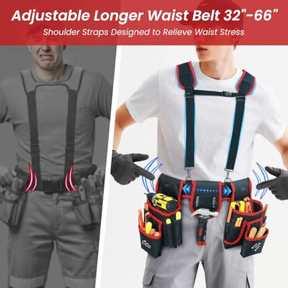 FamilyKit Tool Belt With Suspenders, Magnetic Heavy Duty Tool Belts for Men - color: Black-red