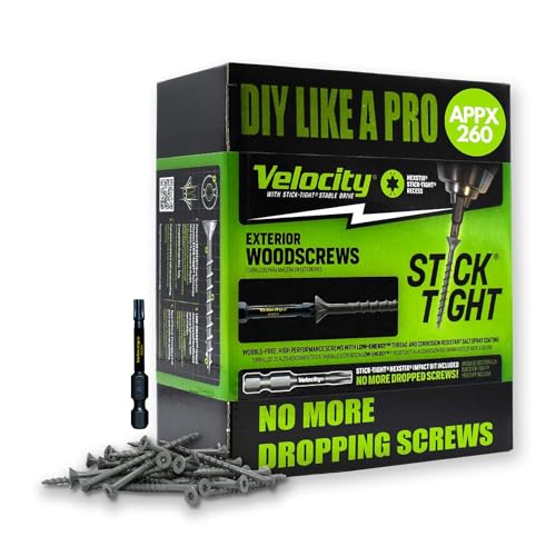 Velocity Exterior 4 Inch Wood Screws and T25 Torx Bits (Size #10) – Stick Tight Technology, Made with Carbon Steel, Includes Hexstix Bit & Storage Organizer Fence Screws for Wood (260 Pieces) - size: #10 x 4", style: 5LB Large Box