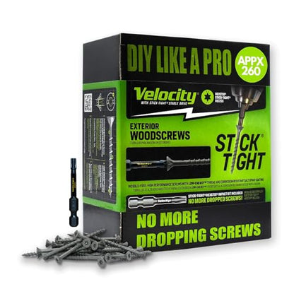 Velocity Exterior 4 Inch Wood Screws and T25 Torx Bits (Size #10) – Stick Tight Technology, Made with Carbon Steel, Includes Hexstix Bit & Storage Organizer Fence Screws for Wood (260 Pieces) - size: #10 x 4", style: 5LB Large Box
