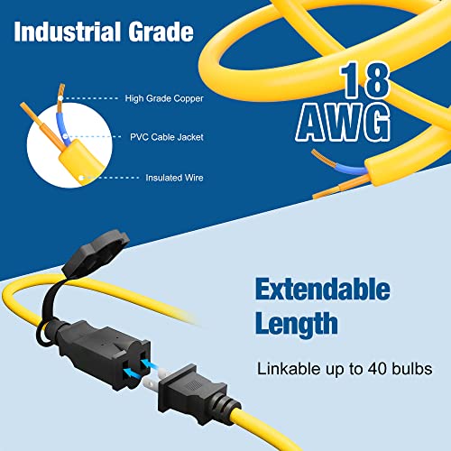 LED Construction String Light 50FT, 50W 6000Lm,18AWG Wire,5000K Linkable String Work Lights with 5 Bulbs & Hooks, Industrial Temporary Lighting for Construction Site, Crawl Space,Job Site,Attic - size: 50FT-2Prong