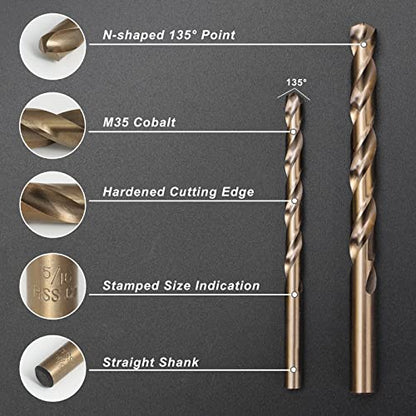 COMOWARE 115Pcs M35 Cobalt Drill Bit Set - 5% Cobalt HSS Metal Bits for Hardened Steel/Stainless/Cast Iron/Wood/Plastic, Titanium Coated 1/16"-1/2" with Metal Indexed Case (Professional Grade)