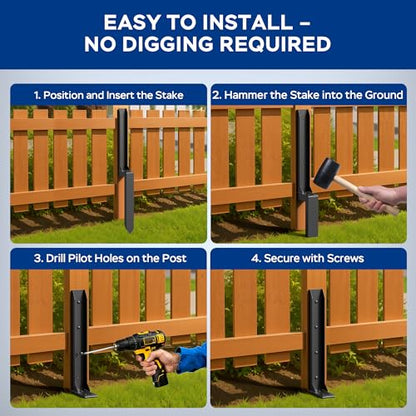 Fence Post Repair Kit for Leaning Fences, No-Dig, Black, 2-Pack - color: Black