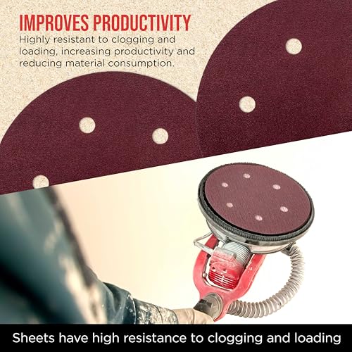 ProductionShop Premium 9" Red 6-Hole Pattern 80 Grit Sanding Discs, Box of 20 - Dustless Hook & Loop Backing Sandpaper for Drywall Power Sanders, Coarse-Cut Abrasive - Woodworking, Sand Auto Paint - style: 80 Grit