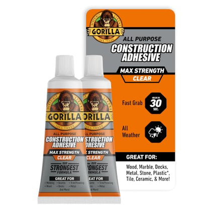 Gorilla Max Strength Construction Adhesive, Clear Glue, 2.5 oz, 2-Pack - size: 2.5oz, style: 2 Pack