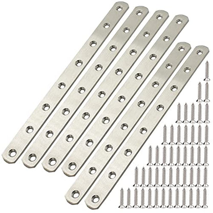 12" Flat Mending Plate 6Pcs Flat Straight Braces Stainless Steel Straight Brackets, Repair Fixing Bracket Connector, Mending Joining Plates with Screws, Silver - style: 6Pcs