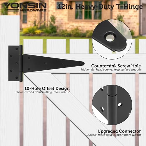 Heavy Duty T-Strap Shed Door Hinges, 12", Black, 2mm Thick - size: 12 Inch
