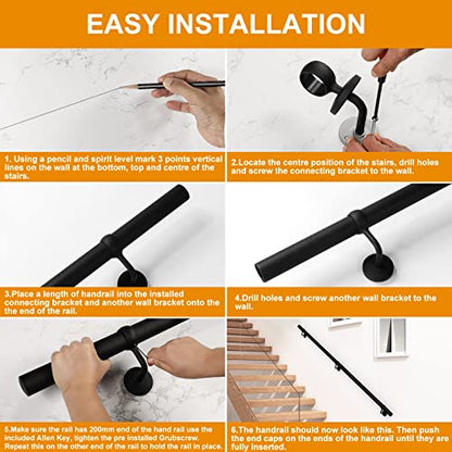 ROTHLEY 6.6 FT Industrial Handrails for Indoor Stairs: Modern Staircase Handrails Wall Mount Stair Handrail 1.6" Round Sturdy Pipe Hand Railings for Steps Matt Black Powder Coat Stairway Railing - size: 6.6FT