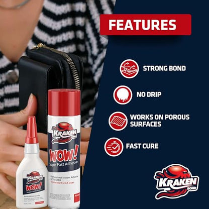 Kraken Bond Wow! CA Glue (1x1.75 oz) & Activator (1x6.75 fl oz) - Cyanoacrylate Glue for Woodworking, Craft & Repairs | Fast Bonding | 1 Pack - size: 1 Pack
