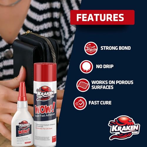 Kraken Bond Wow! CA Glue (3 x 4.4oz.) with Activator (2 x 16.9fl.oz.)- Super Crazy Wood, Cyanoacrylate Glue for Woodworking | 3 Pack - size: 3 Pack