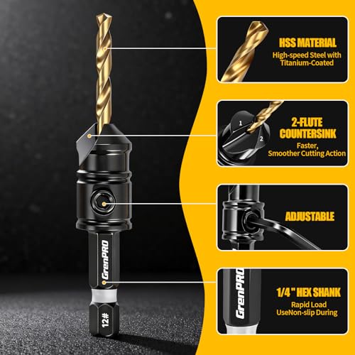GRENPRO Countersink Drill Bit Set, 14PCS 2-Flute Adjustable Bits for Wood