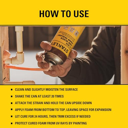 Stanley F952 Fire Block Spray Foam – (1x12oz) Fire Rated Expanding Polyurethane Foam Sealant for Gap Filling & Sealing on Doors, Windows, Walls, Pipes & Joints – Indoor/Outdoor Straw Use | 1 Pack - size: 1 Pack