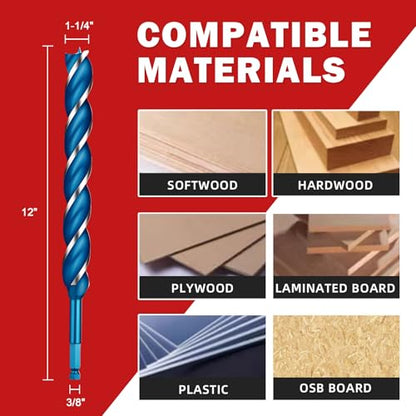 1-1/4" x 12" Wood Auger Drill Bits, 3-Flute Hex Shank - size: 1-1/4" x 12"