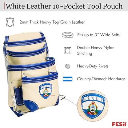 FESA Leather Carpenter Tool Pouch - 10-Pocket Heavy Top Grain Leather Carpenter Pouch with 2 Hammer Loops, Large & Small Pockets - Fits Work Belts up to 3" - Handcrafted - Country-Themed - color: White - Honduras