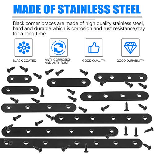 Glarks 15 Sets 100mm Flat Straight Corner Brace Black Metal Joint Plate Connector Repair Fixing Bracket with 65Pcs Screws for Wood Furniture (100x2mm) - size: 100x2mm