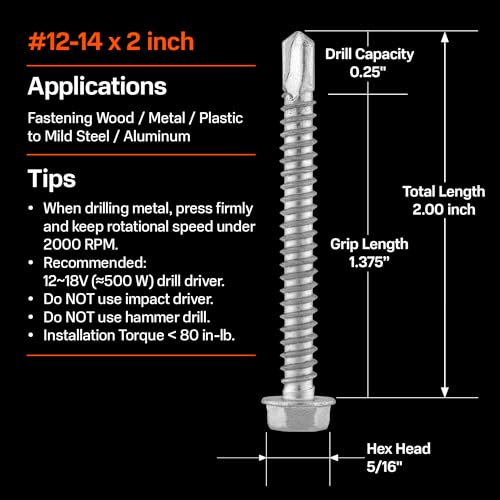 SUNKIN 56PCS Self Tapping Screws for Metal, Bi-Metal Stainless Steel 304 Rustproof, #12 x 2 Hex Head, Hardened Self Drilling Tip for Steel, Extreme Long Service Life - size: #12 x 2 inch (56 pcs)