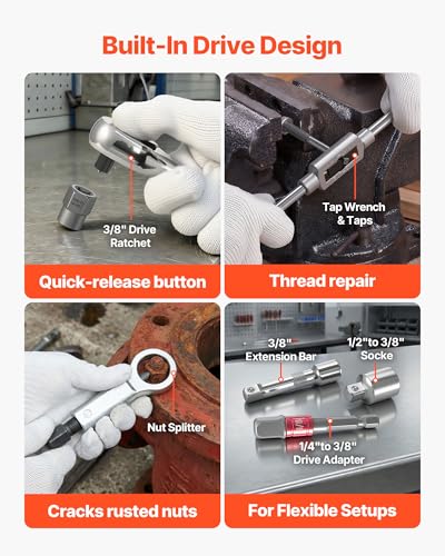 VEVOR 63-Piece Bolt Extractor Kit & Screw Extractor Set, Lug Nut Removal Tool with Left Hand Drill Bit Set, Nut Splitters, Taps & Tap Wrench, Ratchet, Adapters for Removing Rounded, Broken, Stripped - size: 63 PCS